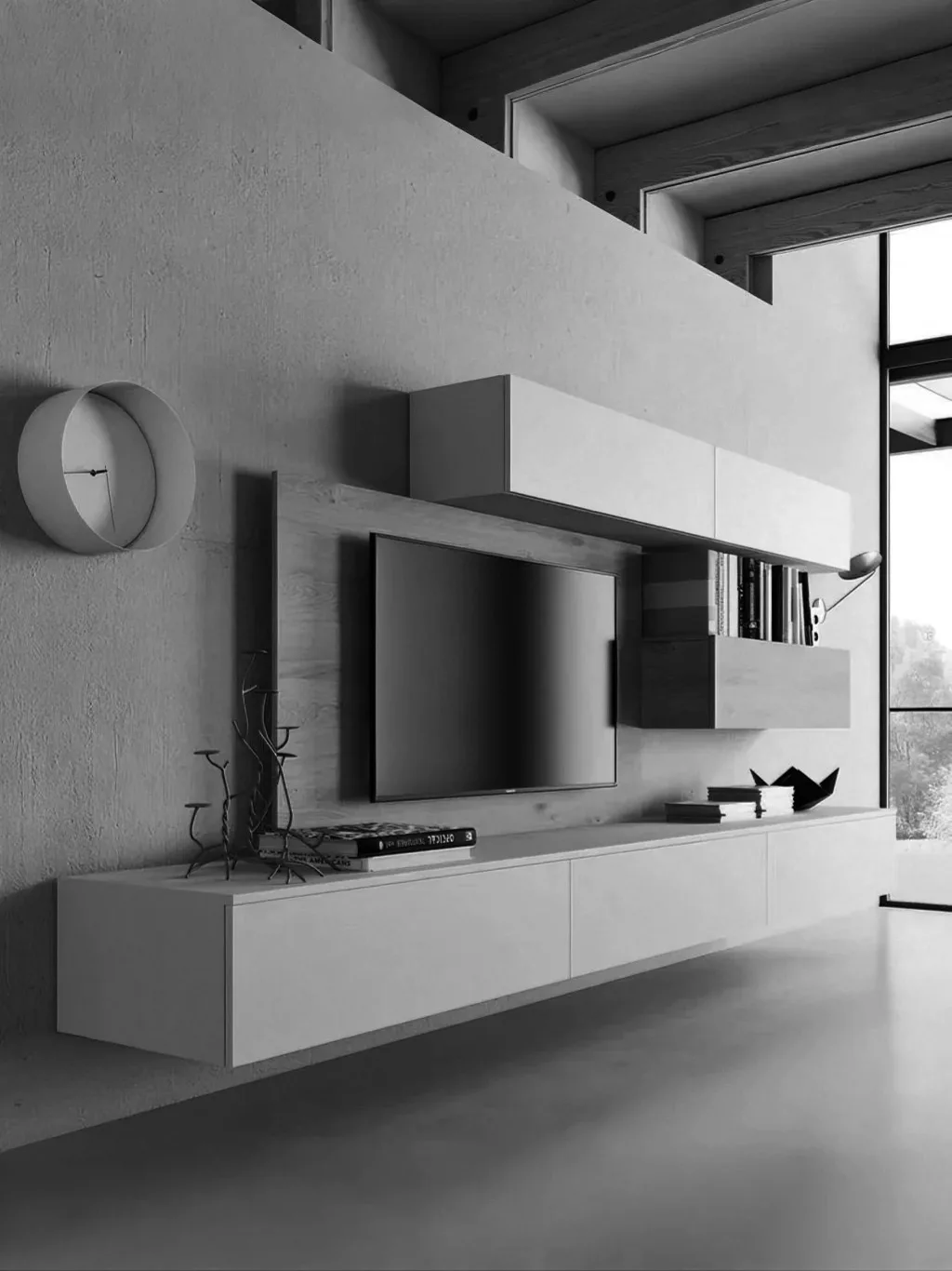 Mueble TV de Niza Tienda — pieza en madera natural sobre pared de hormigón.